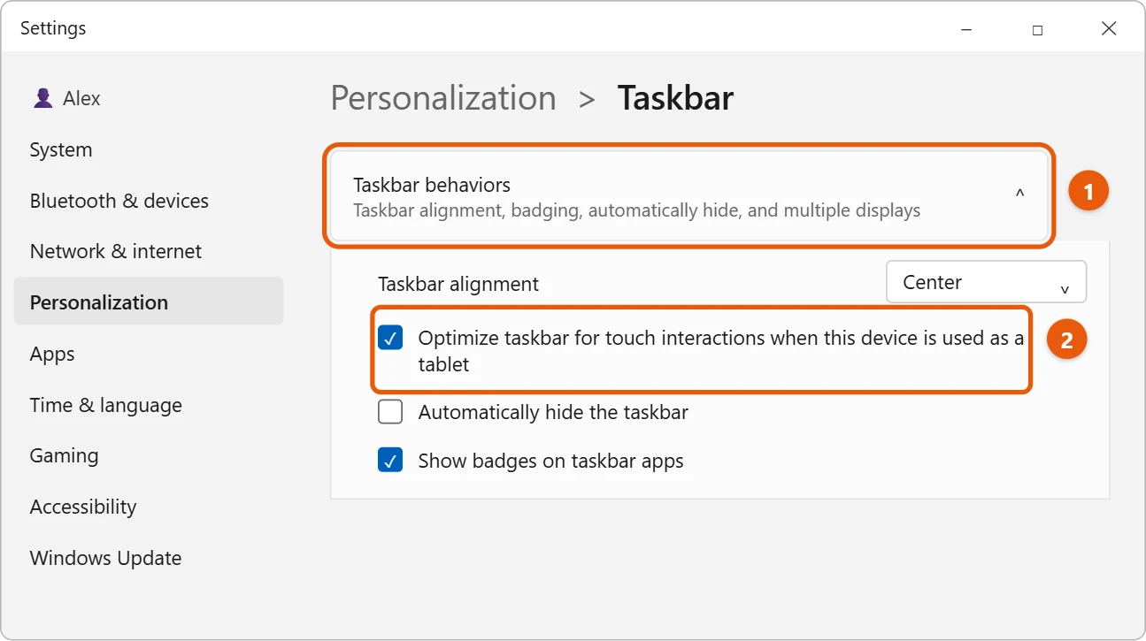 How to Turn Tablet Mode On or Off in Windows 11 1 Windows 11 Taskbar settings with Taskbar behaviors open and the Optimize taskbar for touch interactions option highlighted