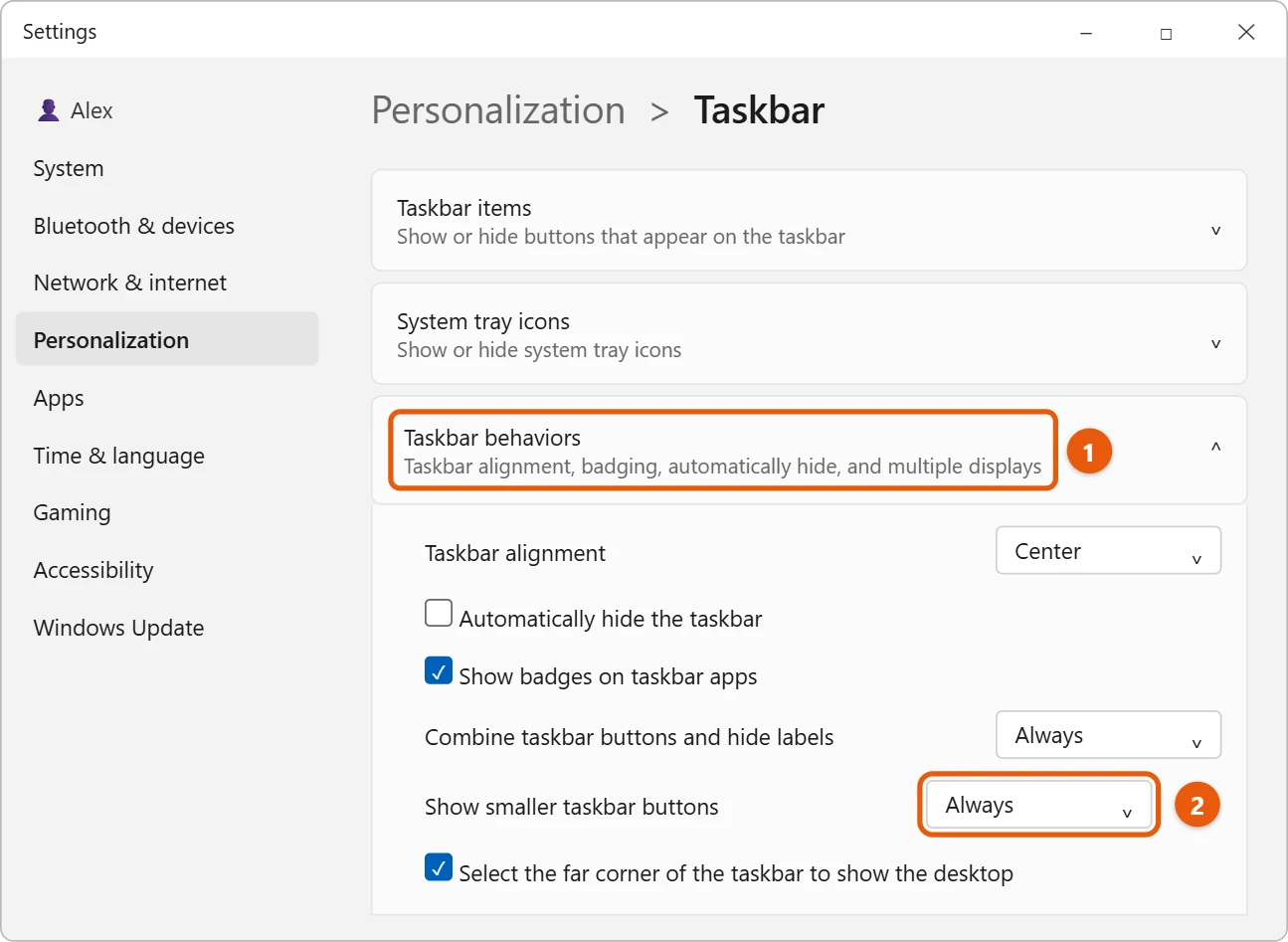 How to Make the Taskbar Smaller in Windows 11 1 Illustration of Windows 11 Settings Personalization Taskbar page with Taskbar behaviors expanded and Show smaller taskbar buttons set to Always