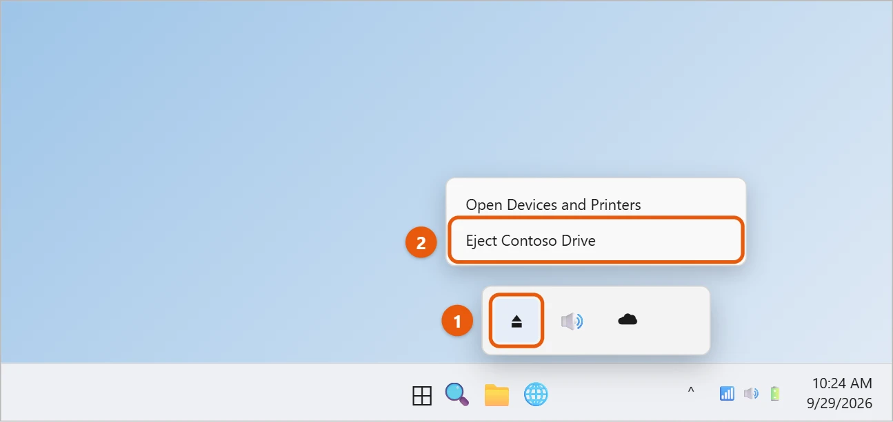 How to Use a WD easystore Drive on Windows 11 3 Illustration of the taskbar hidden icons flyout with the USB drive icon and the Eject option highlighted