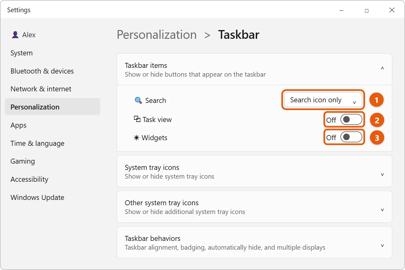 How to Make the Taskbar Smaller in Windows 11 3 Illustration of Windows 11 Settings Taskbar items with Search set to Search icon only and the Task view and Widgets switches turned off
