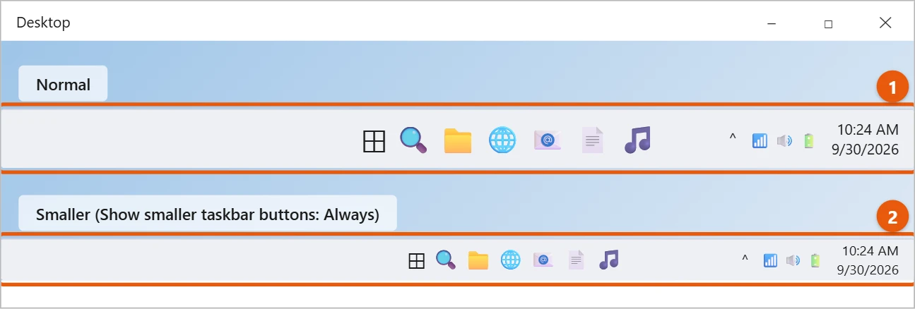 How to Make the Taskbar Smaller in Windows 11 2 Illustration comparing the normal Windows 11 taskbar with the smaller taskbar and smaller icons after Show smaller taskbar buttons is set to Always