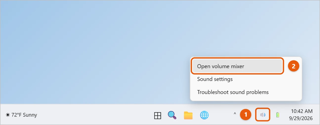 How to Open the Volume Mixer in Windows 11 1 Windows 11 taskbar speaker icon right-click menu with Open volume mixer highlighted