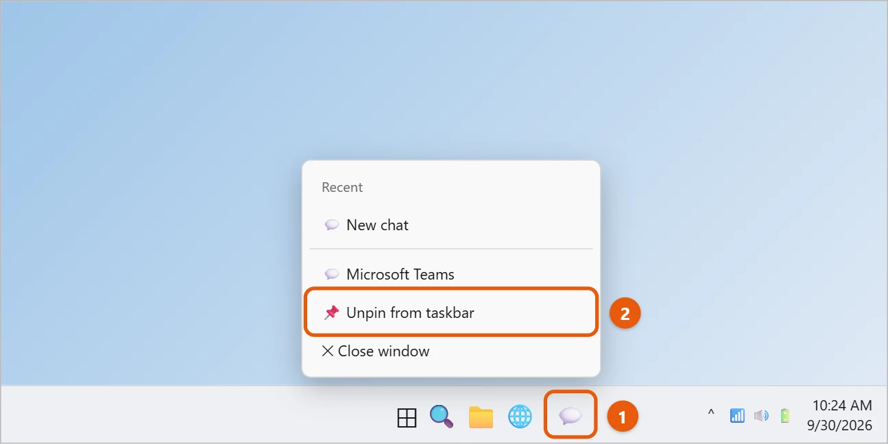 How to Remove Teams from the Taskbar in Windows 11 1 Illustration of a taskbar app icon right-click menu with Unpin from taskbar highlighted