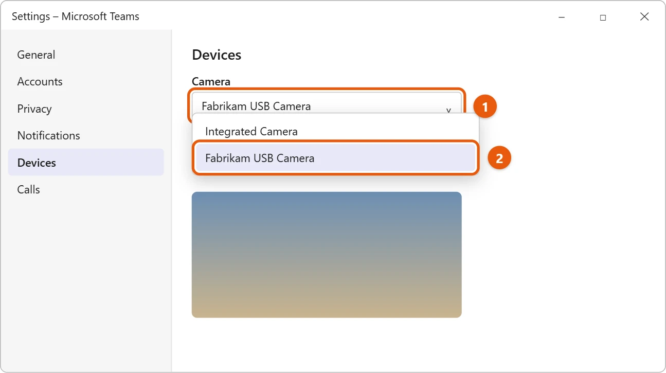 How to Change the Default Camera in Windows 11 2 Microsoft Teams Devices settings with the Camera list open and an external USB camera selected