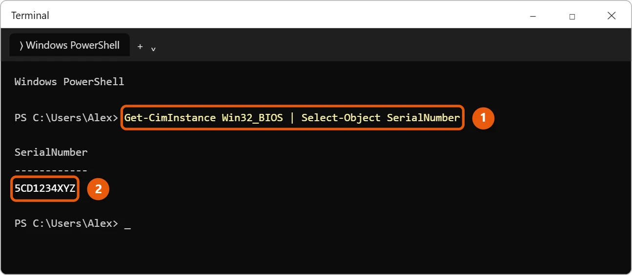 How to Find the Serial Number on a Windows 11 Laptop 2 Windows Terminal running the Get-CimInstance command with the laptop serial number shown underneath