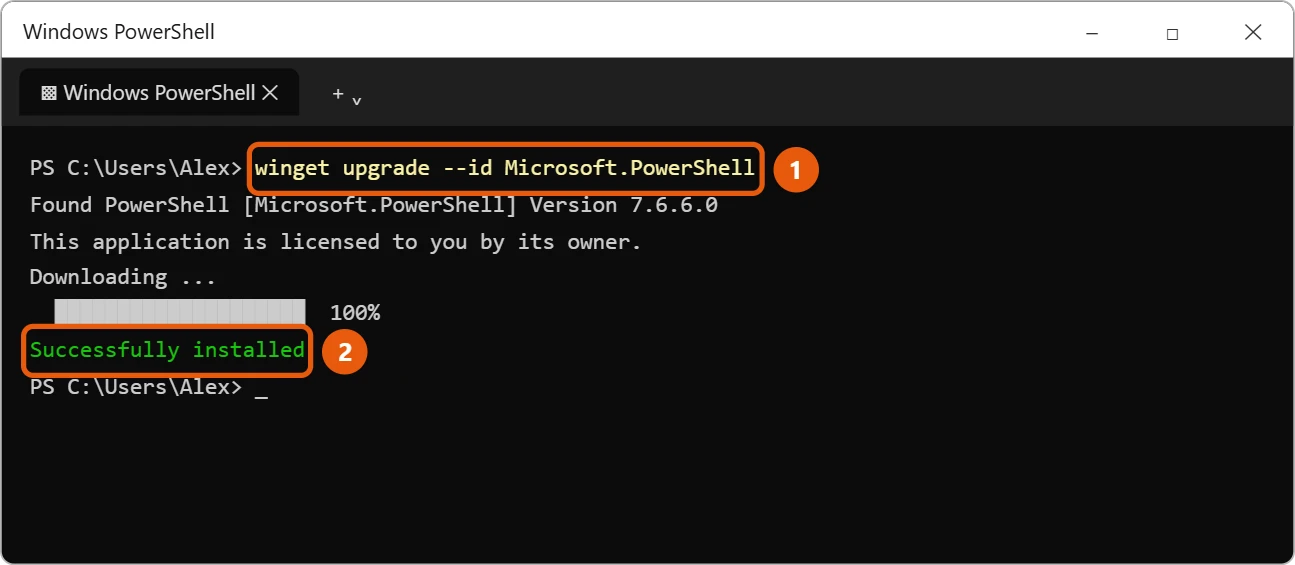 How to Update PowerShell in Windows 11 2 Illustration of Windows Terminal running the winget upgrade command for PowerShell with the command and success message highlighted