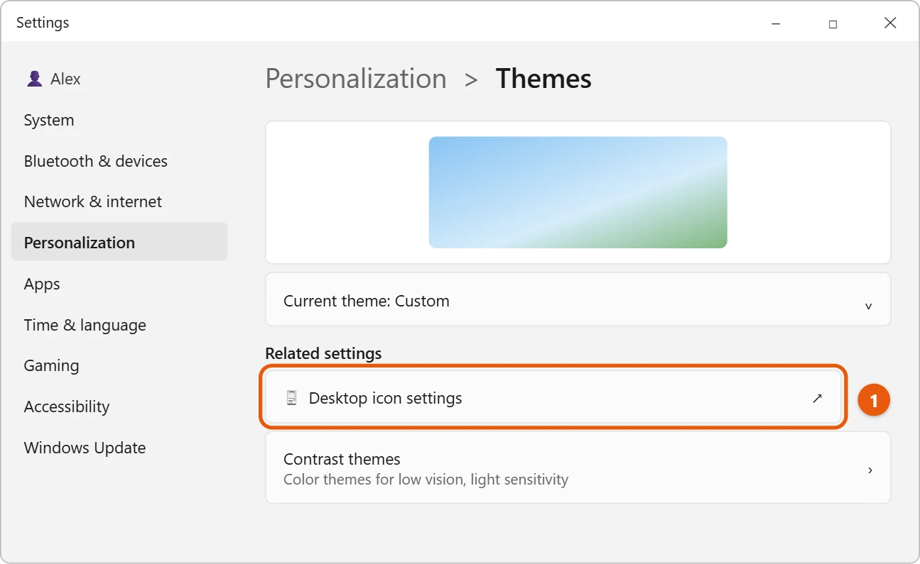 How to Put a Control Panel Icon on the Desktop in Windows 11 1 Illustration of Windows 11 Settings Personalization Themes page with the Desktop icon settings link highlighted under Related settings