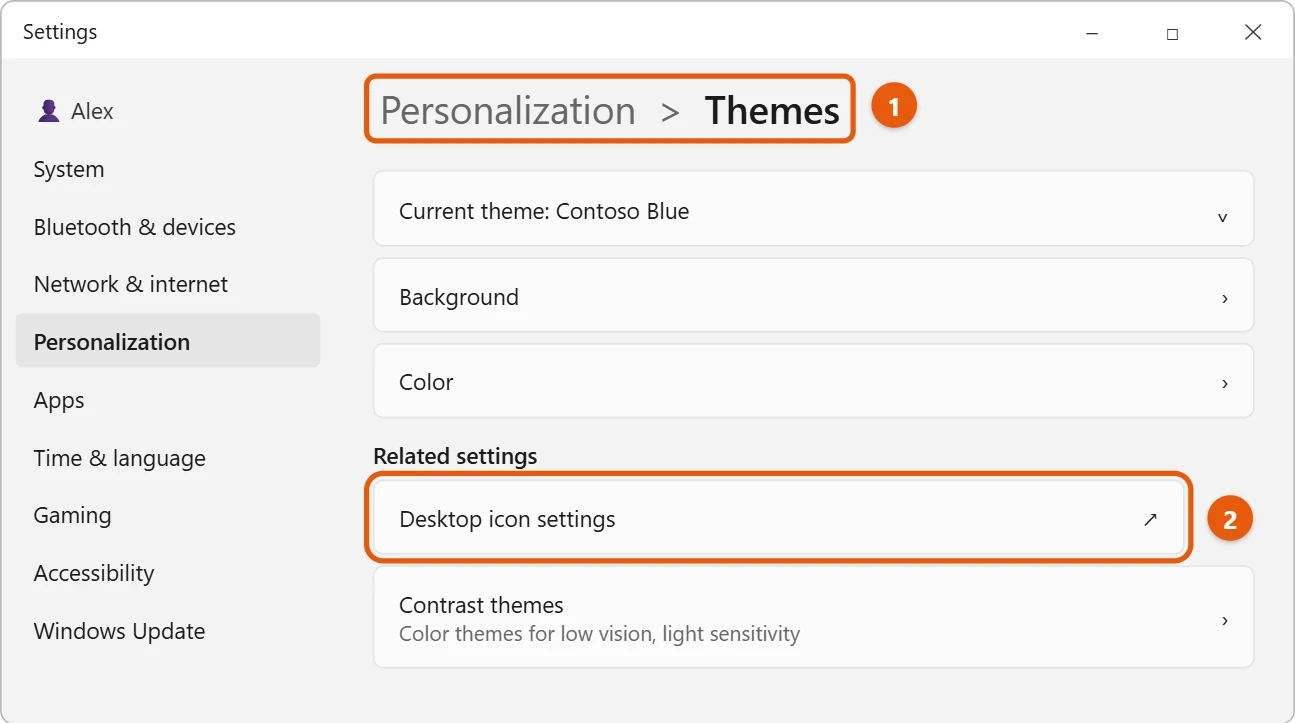 How to Change Desktop Icons in Windows 11 1 Windows 11 Themes settings with Desktop icon settings highlighted under Related settings