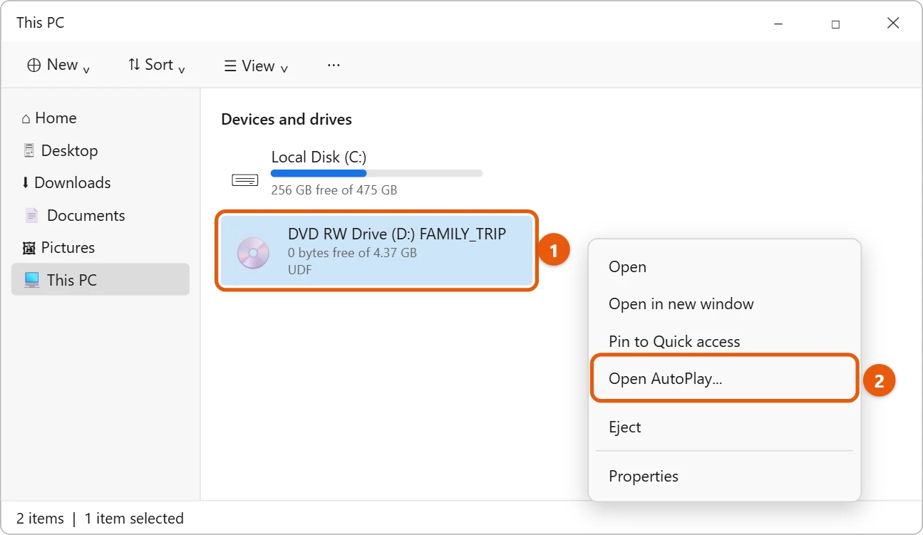 How to Play a DVD on Windows 11 1 Illustration of File Explorer This PC in Windows 11 with the DVD drive selected and Open AutoPlay highlighted in the right-click menu