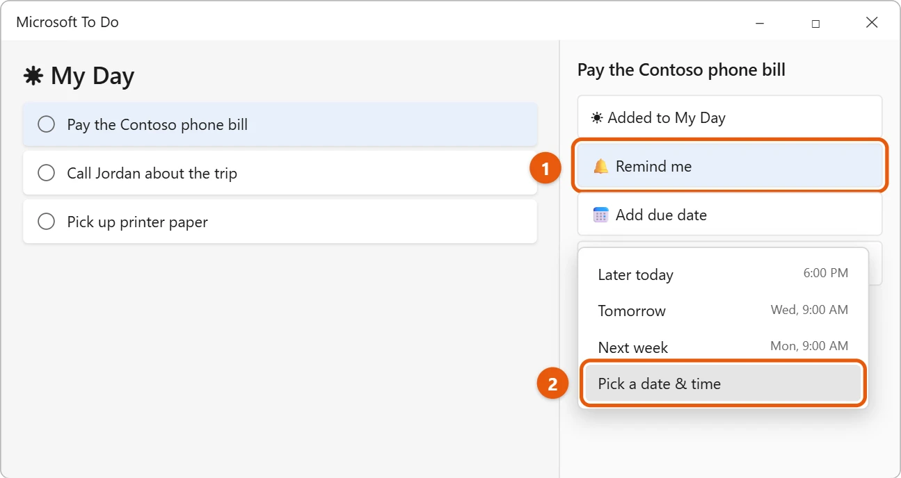 How to Set Reminders on Windows 11 1 Microsoft To Do task details with Remind me selected and the Pick a date and time option highlighted