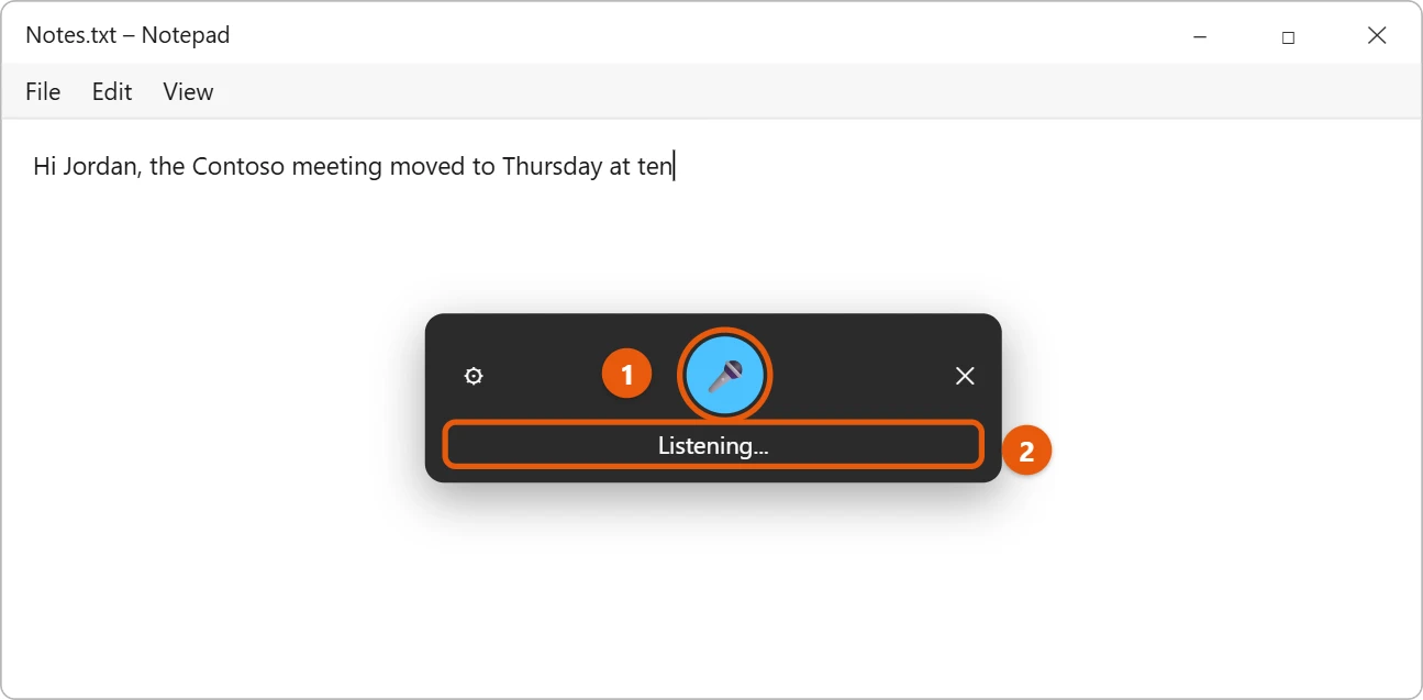How to Use Speech to Text on Windows 11 (Voice Typing) 1 Voice typing panel over Notepad with the microphone button and Listening status highlighted