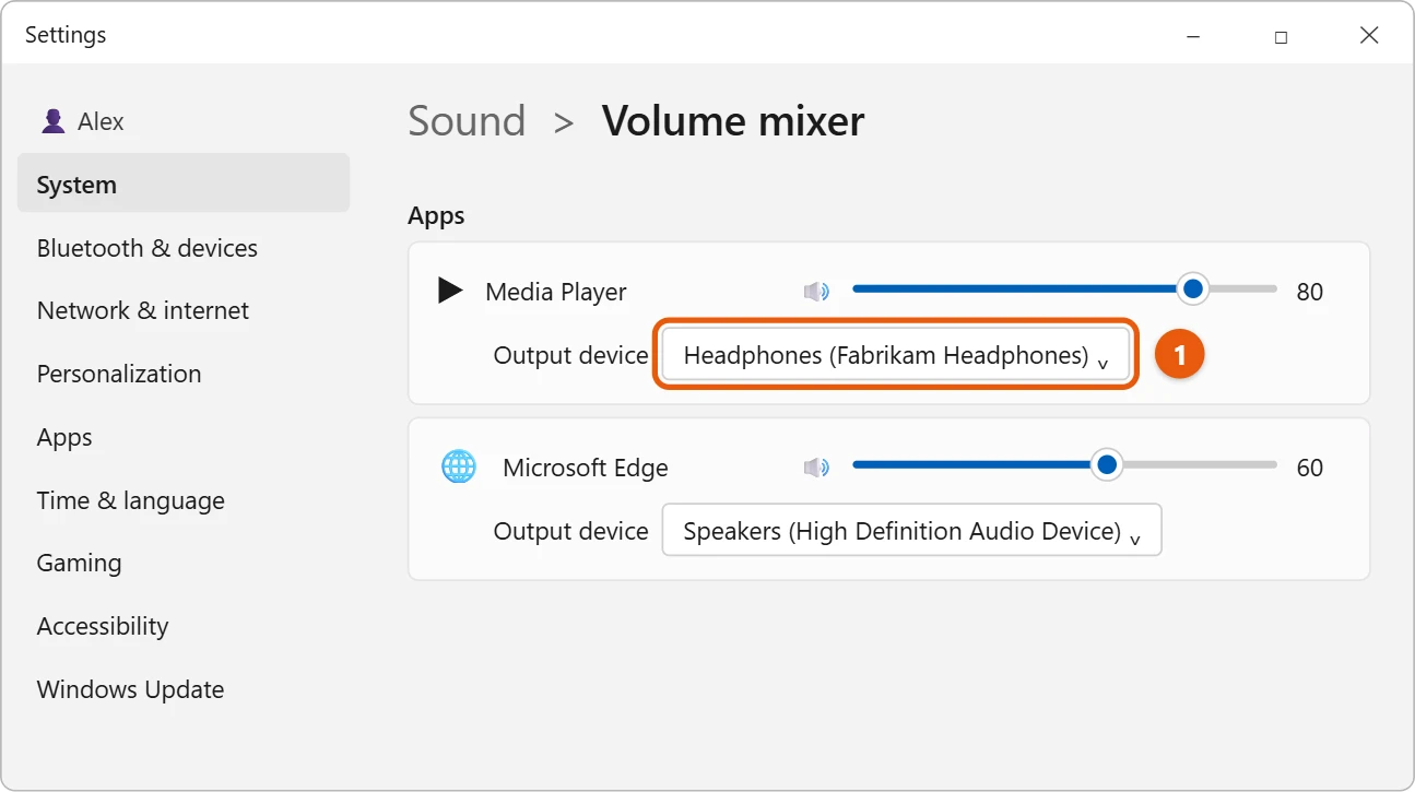 How to Play Sound Through Two Audio Outputs in Windows 11 1 Windows 11 Volume mixer with Media Player set to play through headphones while Edge uses the speakers