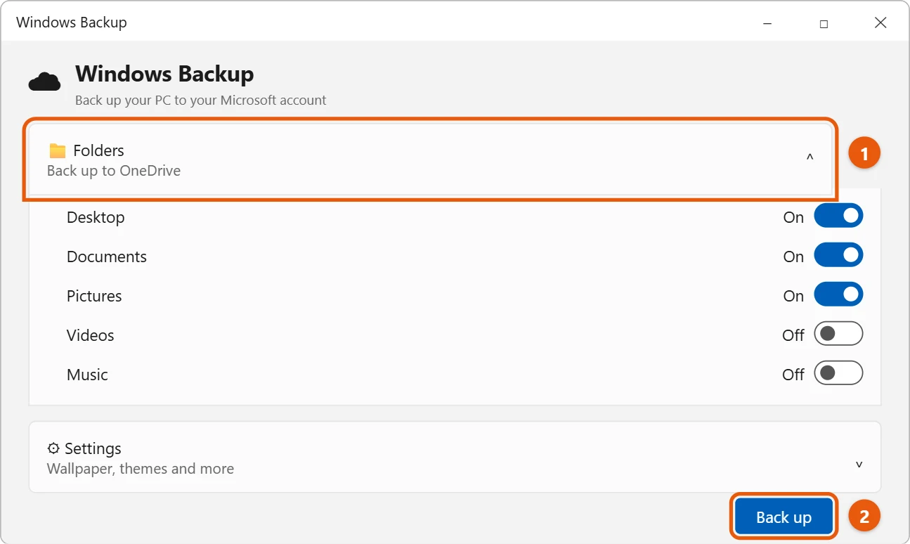 How to Back Up Files in Windows 11 1 Windows Backup app with the Folders section open and folders turned on