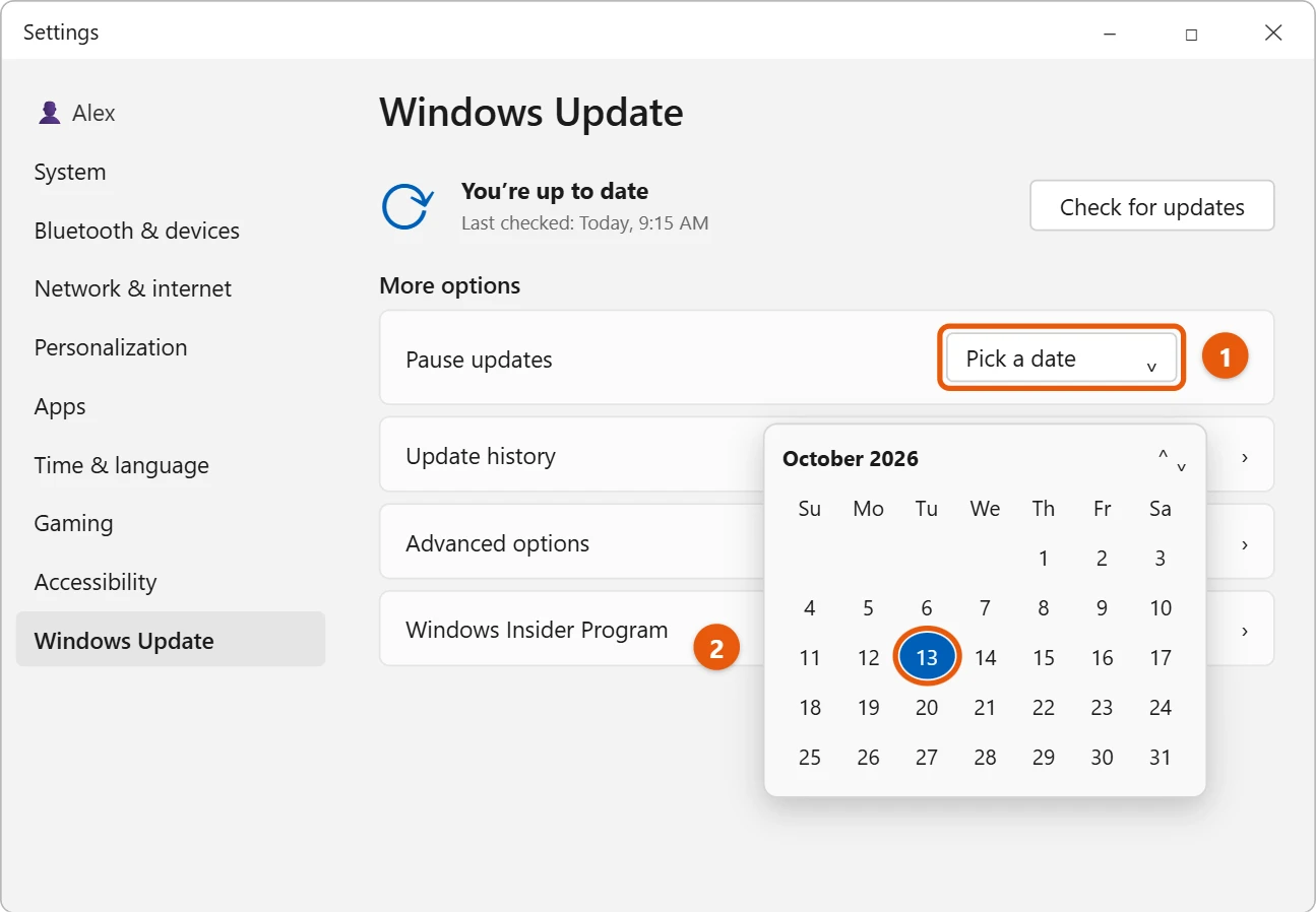 How to Stop (Pause) Windows 11 Updates 1 Windows Update settings with the Pause updates date picker open and a date selected