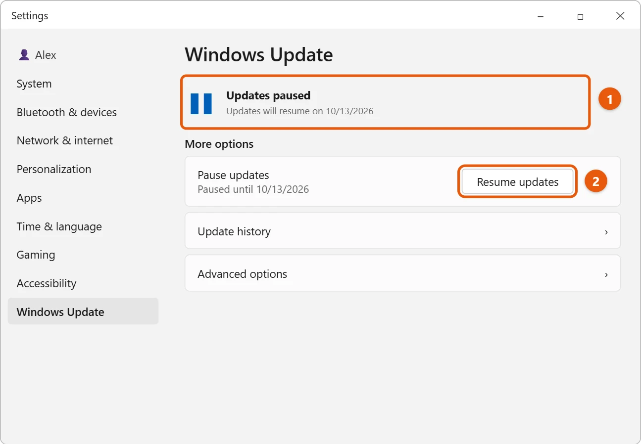 How to Stop (Pause) Windows 11 Updates 2 Windows Update settings showing updates paused with the Resume updates button highlighted