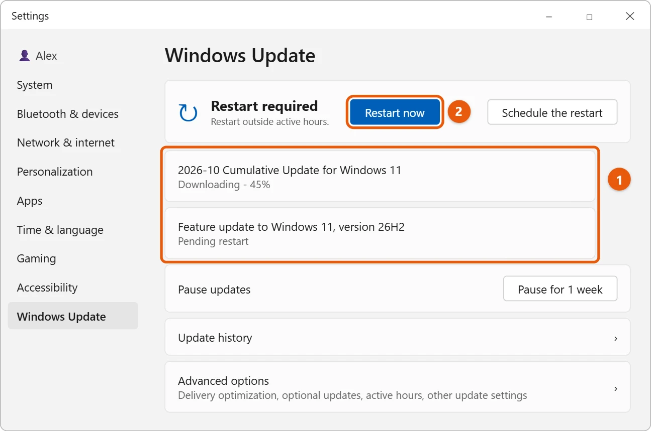 How Long Does a Windows 11 Update Take? 1 Illustration of Windows 11 Settings Windows Update page showing a cumulative update downloading at 45 percent and a feature update pending restart with the Restart now button highlighted