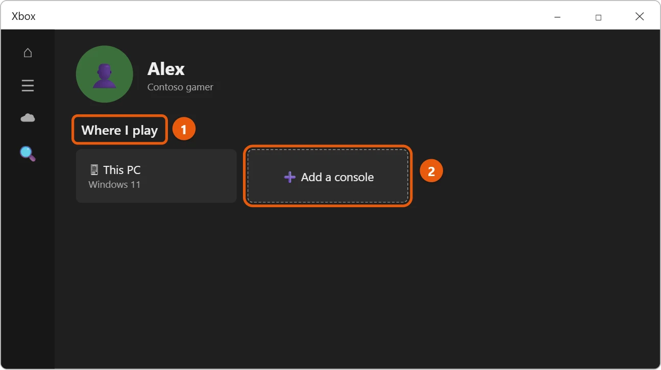 How to Connect an Xbox to a Laptop on Windows 11 (HDMI and Remote Play) 2 Illustration of the Xbox app for Windows profile page with the Where I play section and the Add a console button highlighted