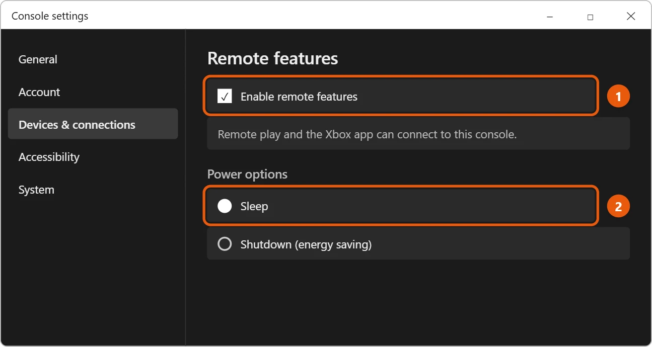 How to Connect an Xbox to a Laptop on Windows 11 (HDMI and Remote Play) 1 Illustration of the Xbox console Remote features settings screen with Enable remote features checked and the Sleep power option selected