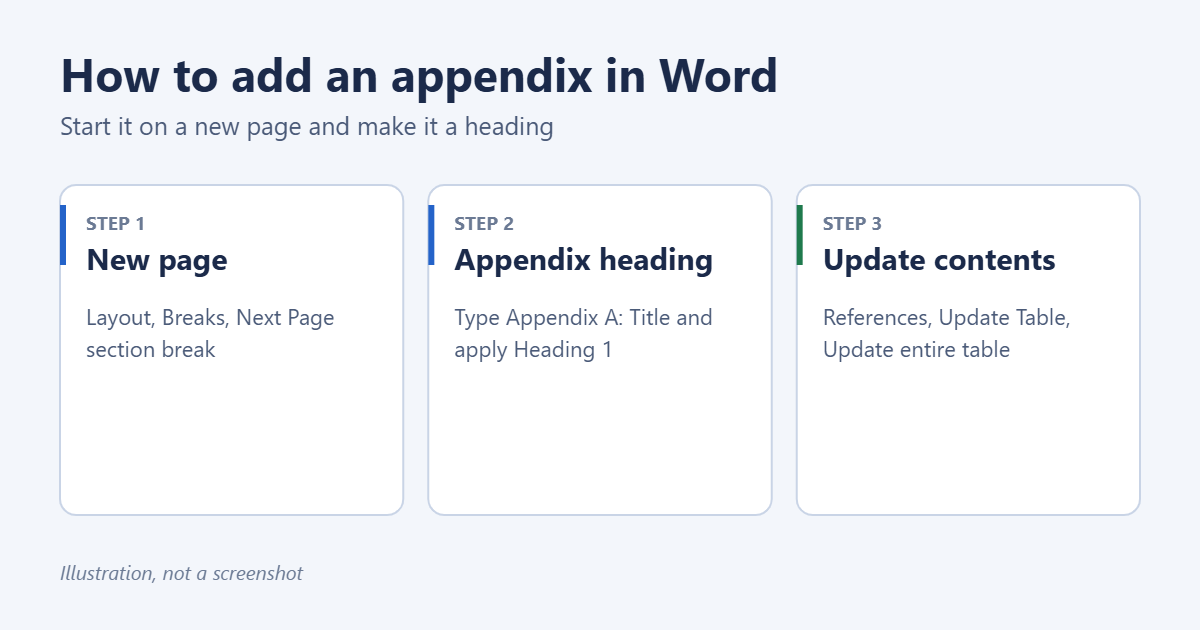 How to Add an Appendix in Word 1 Illustration of how to add an appendix in Word: add a section break, type an appendix heading, and update the table of contents