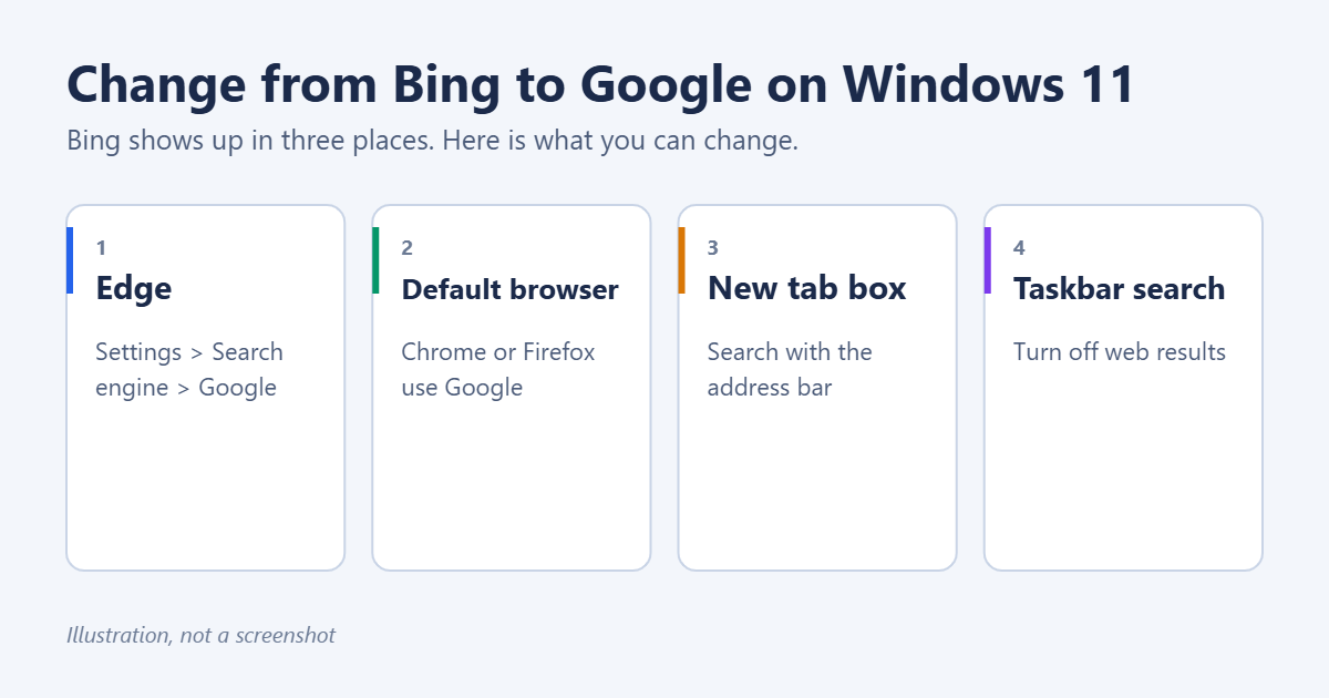 How to Change from Bing to Google on Windows 11 1 How to change from Bing to Google on Windows 11: Edge search engine settings, a different default browser, Edge new tab search, and the taskbar search box