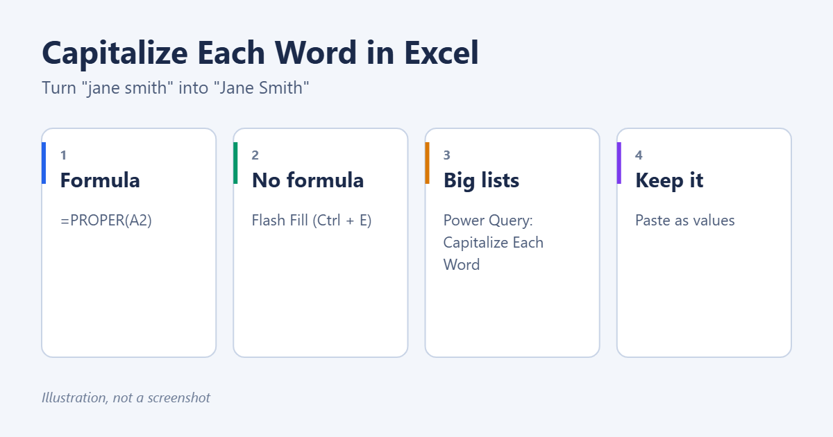 How to Capitalize Each Word in Excel 1 How to capitalize each word in Excel: the PROPER function, Flash Fill, Power Query, and pasting as values