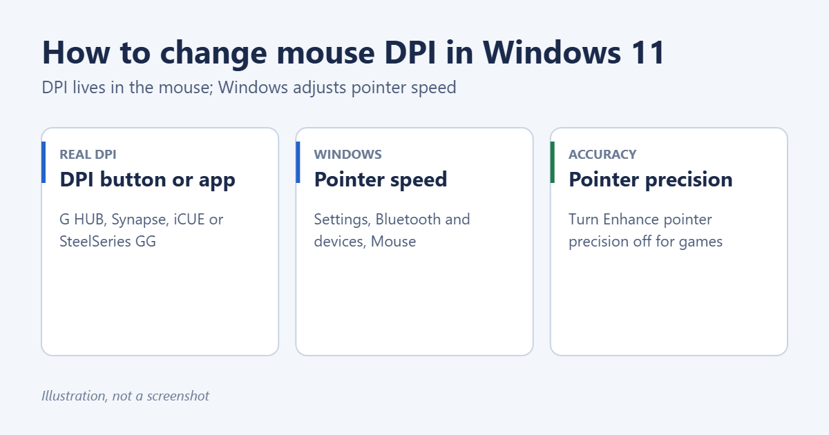 How to Change Mouse DPI in Windows 11 1 Illustration of how to change mouse DPI in Windows 11: use the mouse DPI button or maker software, adjust Windows pointer speed, and set Enhance pointer precision