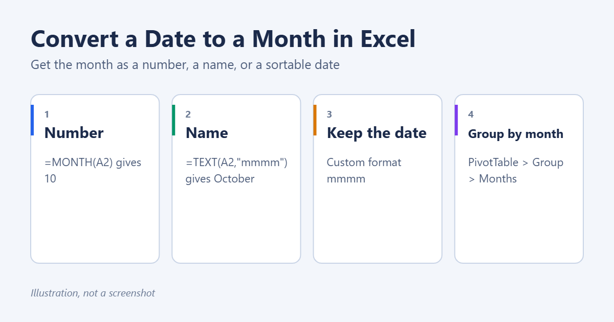 How to Convert a Date to a Month in Excel 1 How to convert a date to a month in Excel: MONTH for the number, TEXT for the name, a custom format to keep the date, and PivotTable grouping