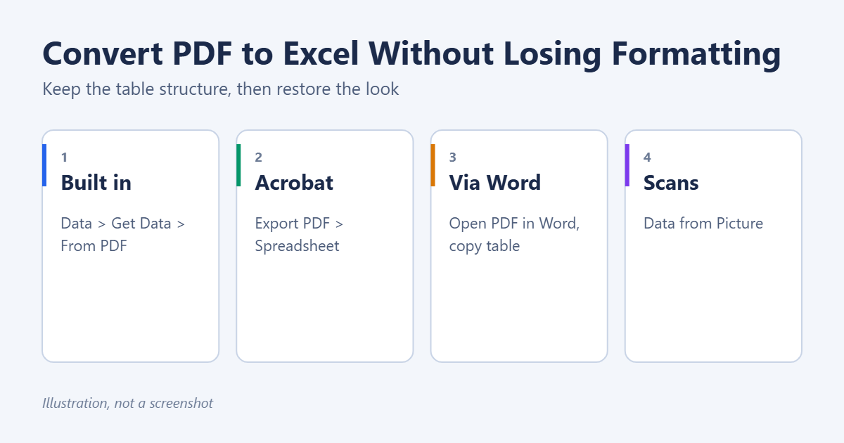 How to Convert PDF to Excel Without Losing Formatting 1 Ways to convert a PDF to Excel while keeping its formatting: Get Data From PDF, Adobe Acrobat export, opening in Word, and Data from Picture for scanned PDFs