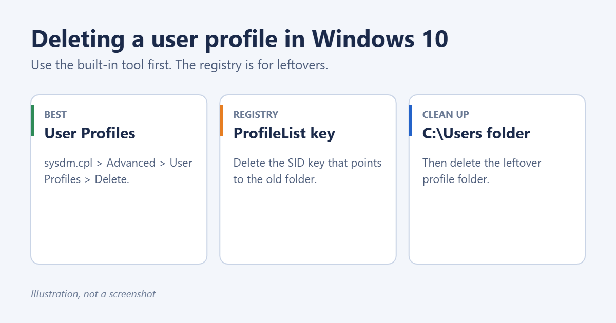 How to Delete a User Profile in Windows 10 (Including the Registry) 1 How to delete a user profile in Windows 10: User Profiles dialog, ProfileList registry key, and removing the leftover folder