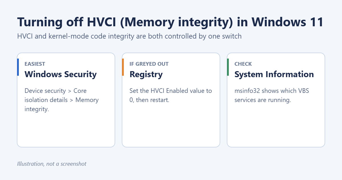 How to Disable HVCI and KMCI in Windows 11 1 How to disable HVCI and KMCI in Windows 11: Windows Security toggle, registry value, and checking in System Information