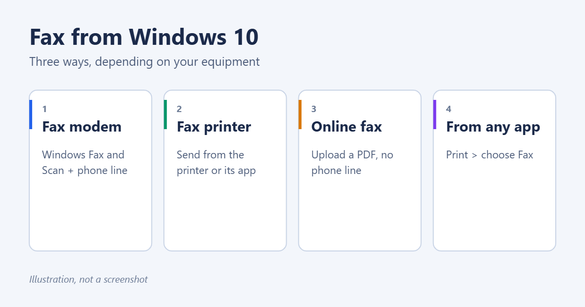 How to Fax from Windows 10 1 Ways to fax from Windows 10: Windows Fax and Scan with a fax modem, an all-in-one printer with fax, an online fax service, and printing to the Fax printer from any app