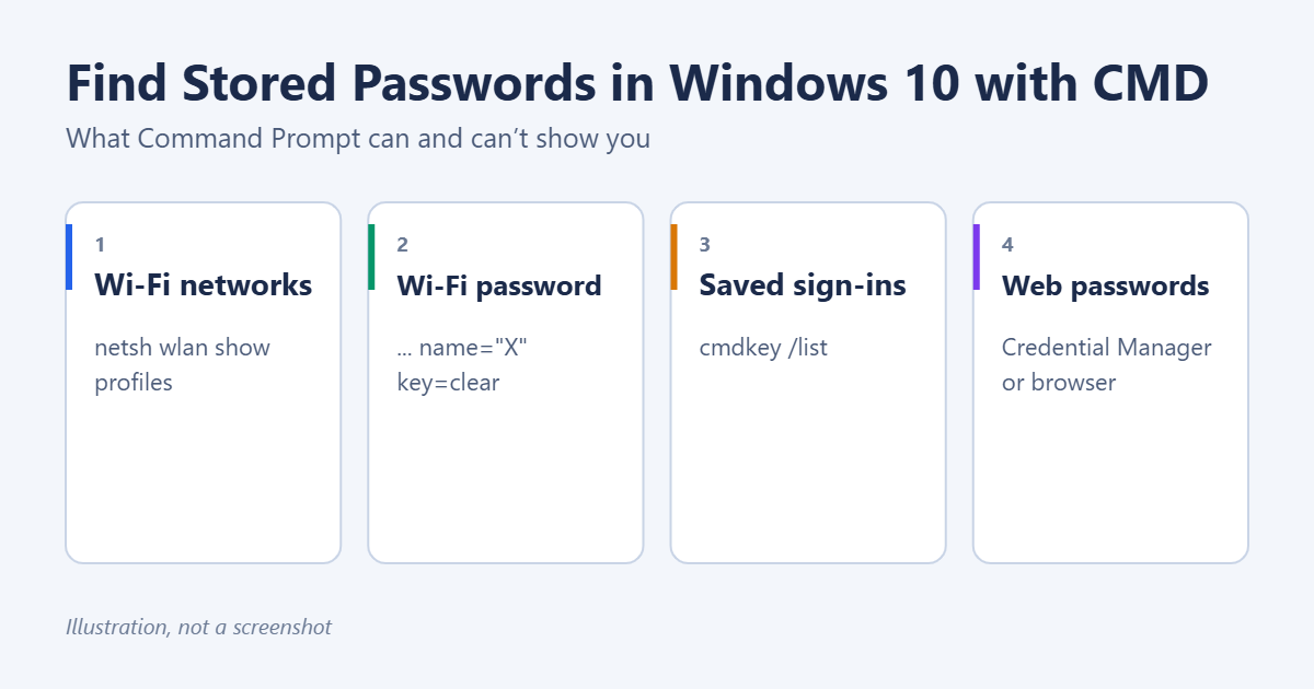 How to Find Stored Passwords on Windows 10 with CMD 1 Command Prompt commands to find stored passwords in Windows 10: netsh wlan for Wi-Fi passwords, cmdkey to list saved credentials, and Credential Manager for web passwords