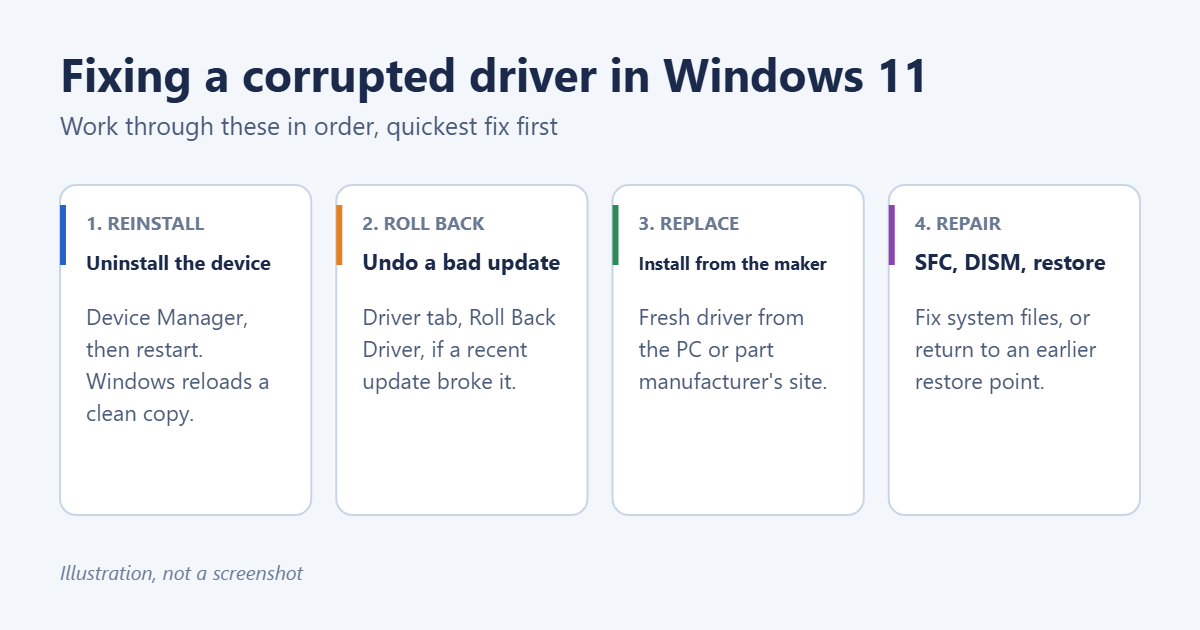 How to Fix Corrupted Drivers in Windows 11 1 Four steps to fix a corrupted driver in Windows 11: reinstall, roll back, replace and repair