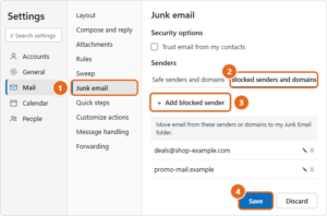 New Outlook Settings window with Mail and Junk email selected, the Blocked senders and domains tab open, Add blocked sender highlighted and the Save button highlighted