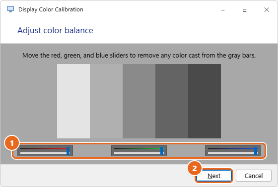 How to Calibrate Your Monitor in Windows 11 3 Display Color Calibration Adjust color balance screen with the red, green and blue sliders and the Next button highlighted