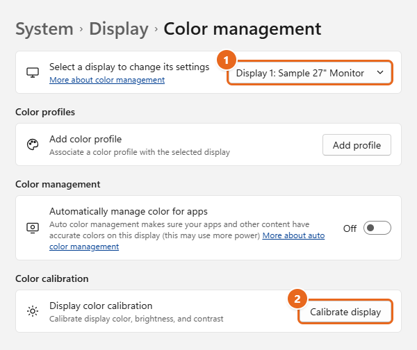 How to Calibrate Your Monitor in Windows 11 1 Windows 11 Settings, System > Display > Color management page with the display selector and the Calibrate display button highlighted