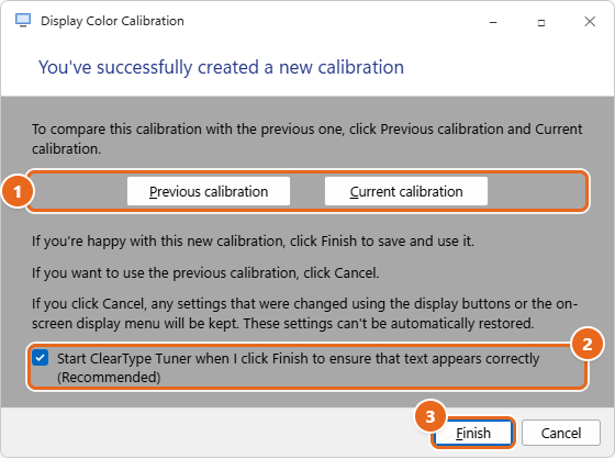 How to Calibrate Your Monitor in Windows 11 4 Display Color Calibration final screen with Previous calibration and Current calibration buttons, the ClearType Tuner checkbox and the Finish button highlighted