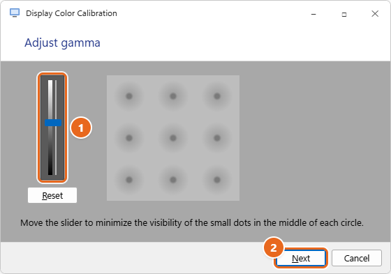 How to Calibrate Your Monitor in Windows 11 2 Display Color Calibration Adjust gamma screen with the gamma slider and the Next button highlighted