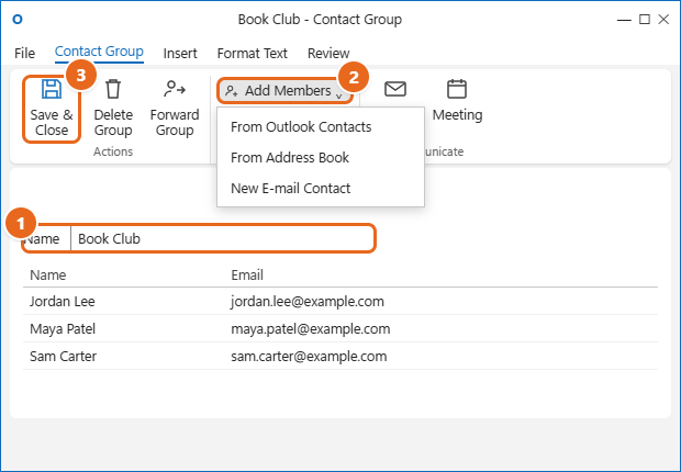 How to Create a Contact Group in Outlook 3 Classic Outlook Contact Group window with the Name box, the Add Members menu open and Save & Close highlighted