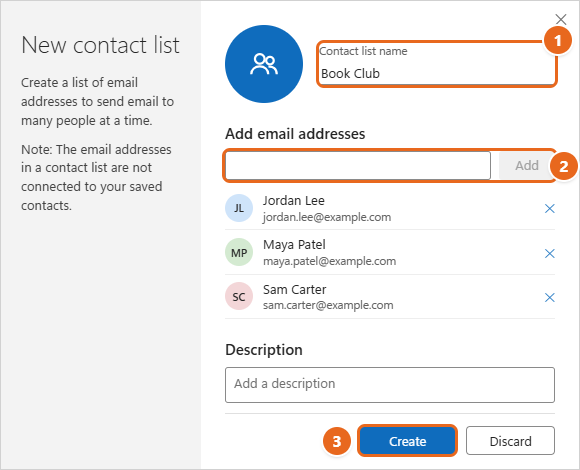 How to Create a Contact Group in Outlook 2 New contact list window in new Outlook with Book Club as the list name, three members added and the Create button highlighted