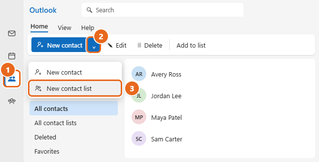 How to Create a Contact Group in Outlook 1 New Outlook People page with the People icon, the New contact drop-down arrow and New contact list highlighted