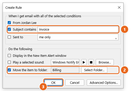 How to Create Rules in Outlook 3 Classic Outlook Create Rule dialog with Subject contains Invoice checked, Move the item to folder Billing checked, and OK highlighted