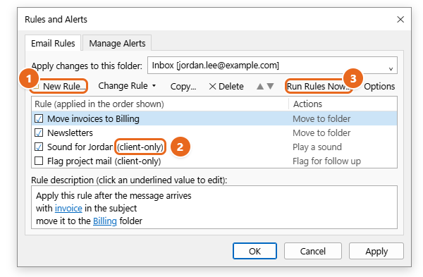 How to Create Rules in Outlook 4 Classic Outlook Rules and Alerts dialog with New Rule, a rule marked client-only, and Run Rules Now highlighted