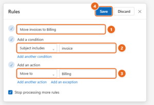 New Outlook Rules editor with a rule name, a Subject includes invoice condition, a Move to Billing action and the Save button highlighted