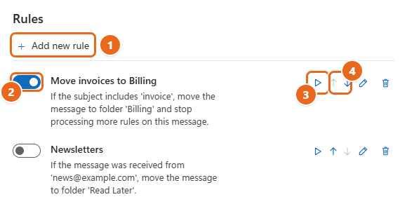 How to Create Rules in Outlook 2 New Outlook Rules settings list with Add new rule, an on/off toggle, and the run, move up and move down buttons highlighted