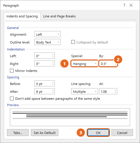 How to Do a Hanging Indent in Word 2 Word Paragraph dialog on the Indents and Spacing tab with Special set to Hanging, By set to 0.5 inch, and OK highlighted