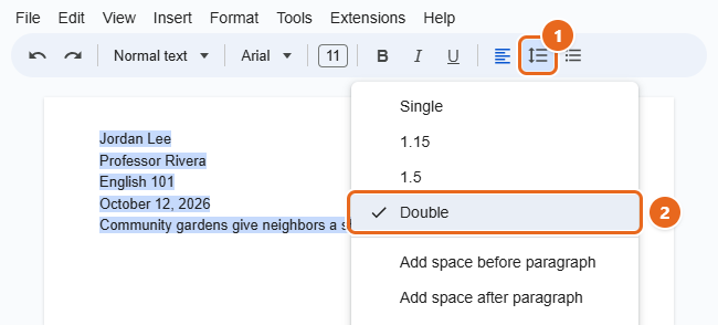 How to Double Space in Google Docs 1 Google Docs toolbar with the Line & paragraph spacing button highlighted and Double selected in its menu