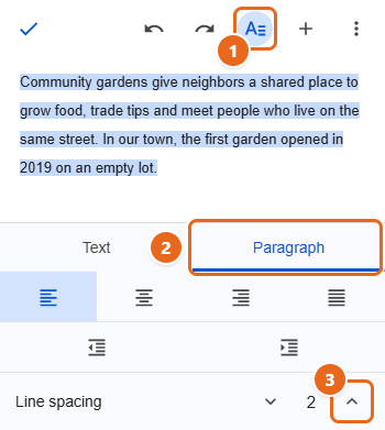 How to Double Space in Google Docs 3 Google Docs app format panel with the Paragraph tab open and Line spacing set to 2