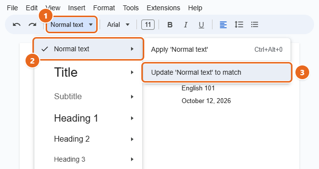 How to Double Space in Google Docs 2 Google Docs Styles menu open with Normal text selected and Update Normal text to match highlighted
