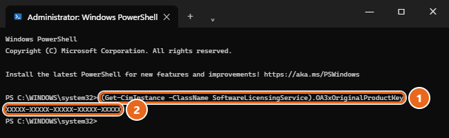 How to Find Your Windows 11 Product Key 2 Windows Terminal running Windows PowerShell as administrator with the Get-CimInstance OA3xOriginalProductKey command and a 25-character key shown below it